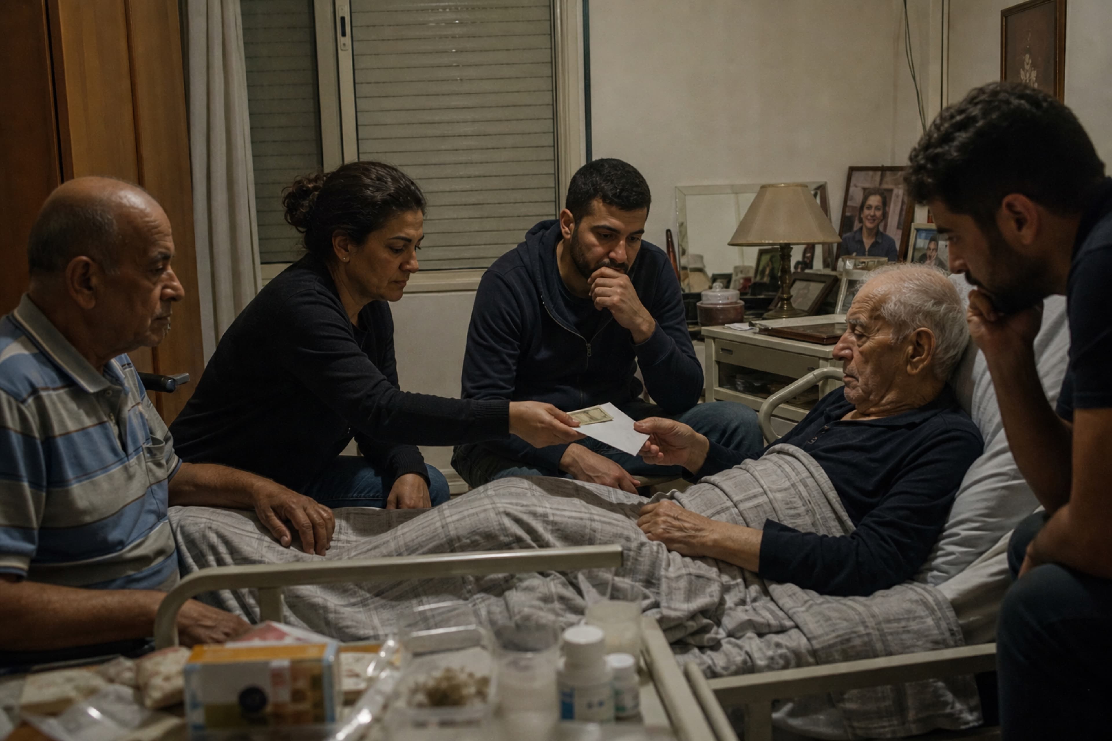 A Lebanese family gathered around an older relative in a dim apartment room