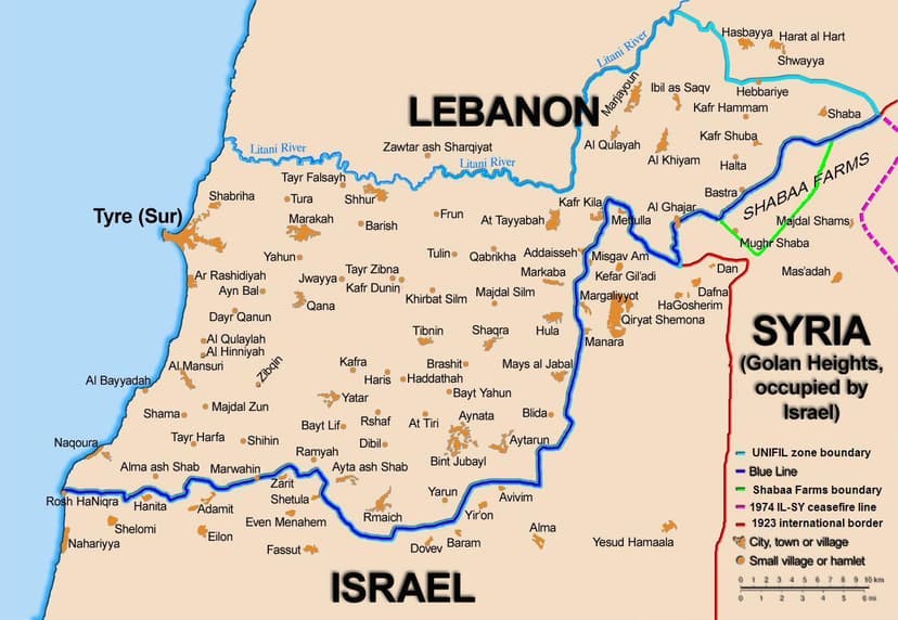 A map of the Blue Line between Lebanon and Israel