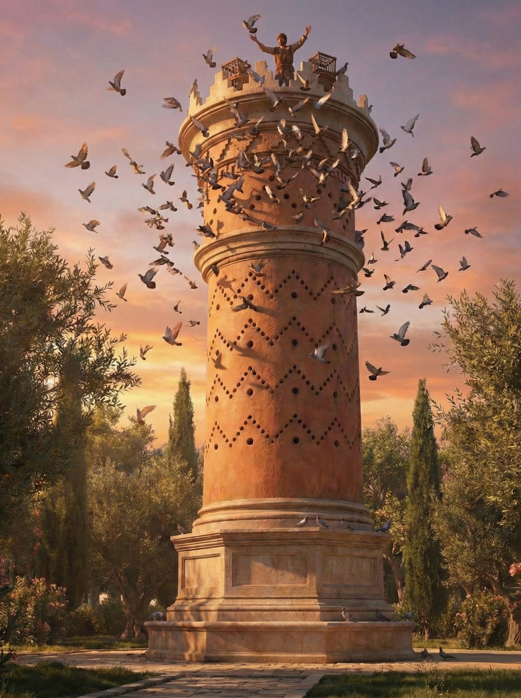 The Pigeon Tower releasing birds at sunset